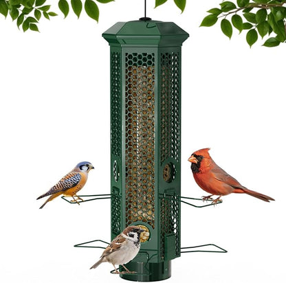 Squirrel Proof Bird Feeders, Bird Feeder for Outdoors with Removable Base, 6 Ports Perches Gravity Protection Squirrel Proof Wild Bird Feeders, 3LB Seed Capacity, Green