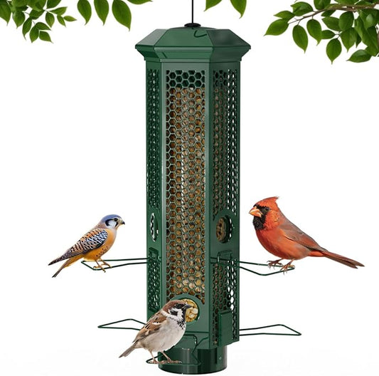 Squirrel Proof Bird Feeders, Bird Feeder for Outdoors with Removable Base, 6 Ports Perches Gravity Protection Squirrel Proof Wild Bird Feeders, 3LB Seed Capacity, Green