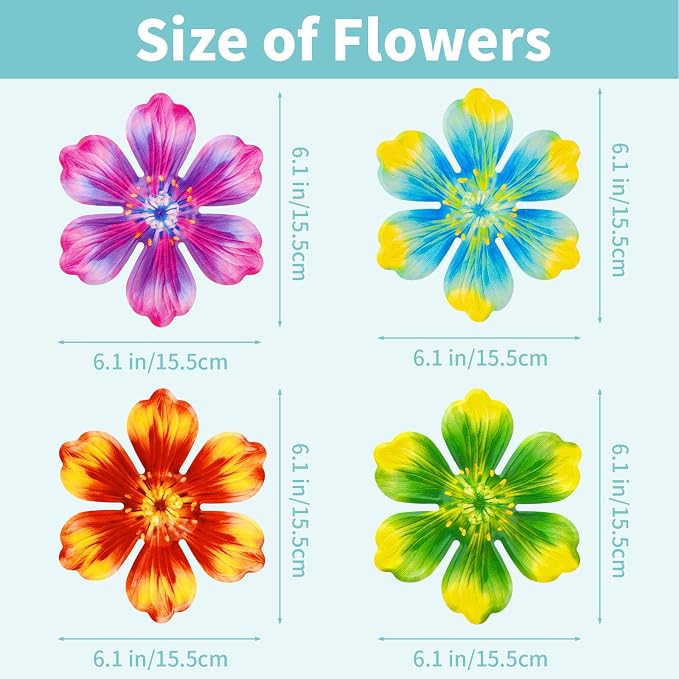Junware 4Pcs Metal Flower Decor, 6.2" Outddoor Metal Wall Art Hanging Decoration for Garden Fence Yard Living Room Patio Backyard, Metal Flowers for Outside