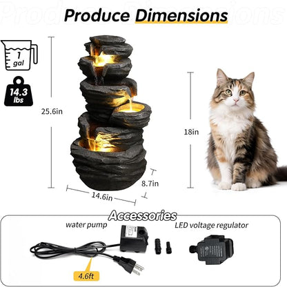 25.6" Outdoor Waterfall Fountain,Small Outdoor Fountain with LED Lights, Cascading Rock Design Garden Water Feature, freestanding Resin Fountain for Patio Backyard Porch Decor