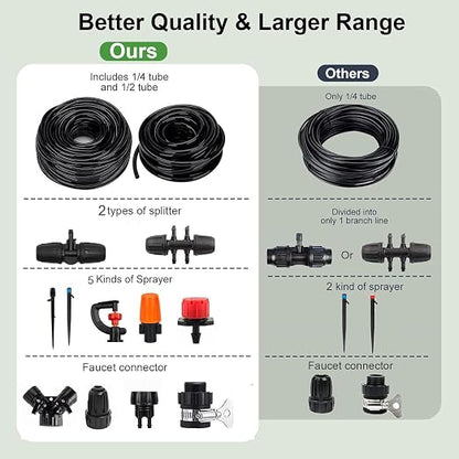 164FT Garden drip Irrigation System Kit: 299PCS Hose - Auto Garden Watering Irrigation System - with 5 Kinds of Sprayers 1/4" & 1/2" Fast-Lock Tubing - for Greenhouse, Yard, Lawn, Raised Bed