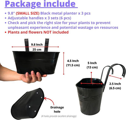 LaLaGreen Planter Boxes Outdoor (3 Pack, 9.8 Inch) Small and Cute Black Metal Iron Hanging Flower Pots Deck Railings Fence Modern Garden Boho Style Wall Mount Window Box Plant Holder Porch Decor