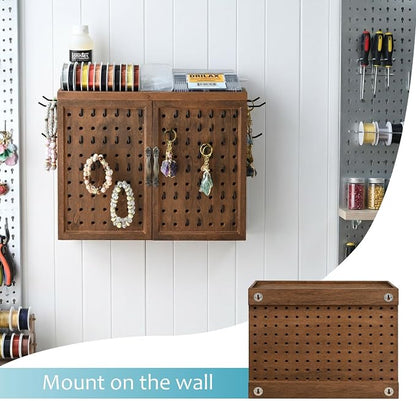 Ikee Design Wooden Pegboard Tool Organizer Box with Doors Wall Mount or Benchtop Jewelry Tool Storage with 40 Hooks & Bur Holders, Workshop Garage Craft Organizer Cabinet, Brown