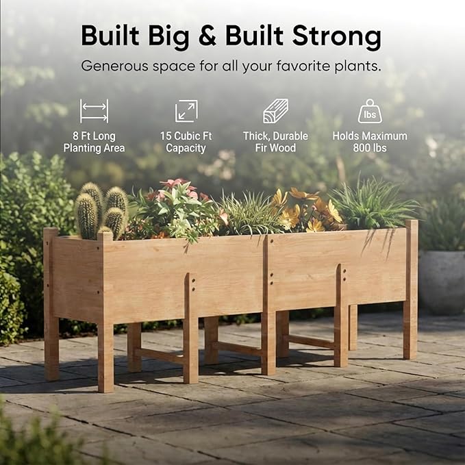 Raised Garden Bed, 86x21.6x31.5 Inch Large Planter Box with 15.8 Inch Depth, Wooden Flower & Vegetable Pot with Legs & Drainage Holes for Deep Roots, Easy Assembly for Patio, Balcony, Backyard