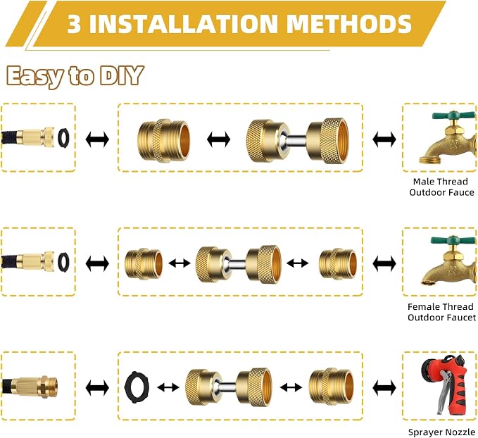 2 Pack Swivel Metal Garden Hose Adapter, 3/4" Hose-Protect with 4 Adapters | Brass Pipe Kink Protection, 3/4" Male Connectors, Outdoor Faucet to Garden Hose, Dual Female Big Angle Rotation at Both Ends