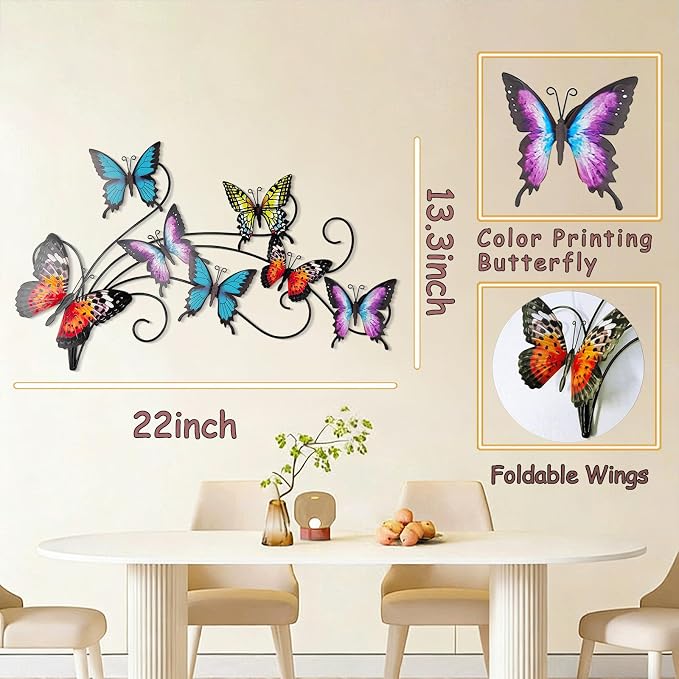 POHOHO Metal Butterflies Wall Decor Art, 22"×13.3", Indoor & Outdoor Decoration, 3D Colorful Hanging Butterfly Decorations for Patio Garden Fence Yard