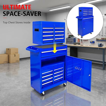 5-Drawer Tool Chest, Detachable Top Box for Garage,Blue | Rolling Mobile Storage Cabinet Organizer with Lockable Wheels for Workshop Utility, Heavy Duty Metal Construction