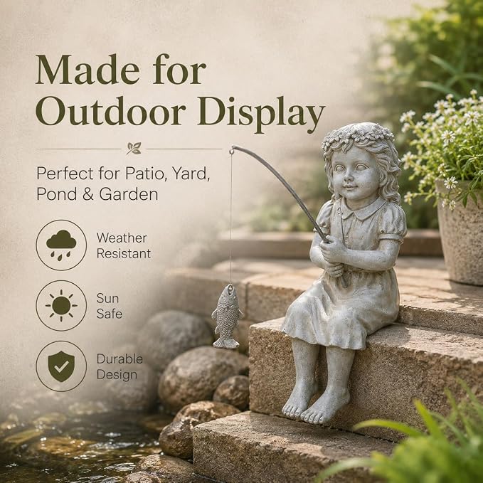 Goodeco Fishergirl Statue Garden Decor - 11" Little Fishing Guy for Koi Pond or Waterfalls, Poolside Statue with Glow in Dark Pebbles Included, Great Gifts for Mom, Women or Birthdays, Gift Ideas