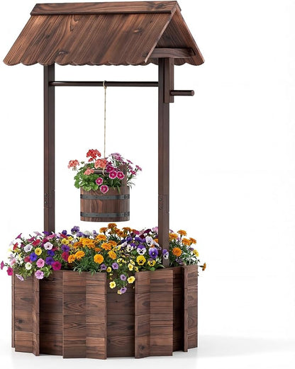 HAPPYGRILL Wooden Wishing Well Planter with Hanging Bucket, Flower Plants Planter, Outdoor Wishing Wells for Yard,Wishing Well Planters for Outside, Home Decor