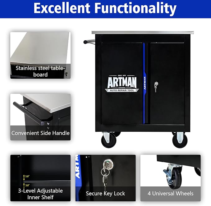 Heavy Duty Rolling Tool Chest,Lockable Stainless Top for Garage,Black&Blue | Mobile Workbench with Adjustable Shelf, Roll Around Tool Cabinet for Workshops and Auto Repair
