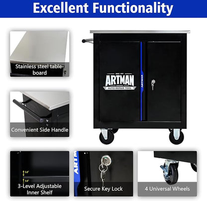 Heavy Duty Rolling Tool Chest,Lockable Stainless Top for Garage,Black&Blue | Mobile Workbench with Adjustable Shelf, Roll Around Tool Cabinet for Workshops and Auto Repair