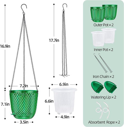 QCQHDU 7.2 Inch 2 Pack Hanging Planters for Indoor Outdoor Plants,Self Watering Flower Pots Hanging Basket,Plastic Plant Hanger with Drainage Holes and 3 Hooks for Window Porch Garden Balcony, (Green)