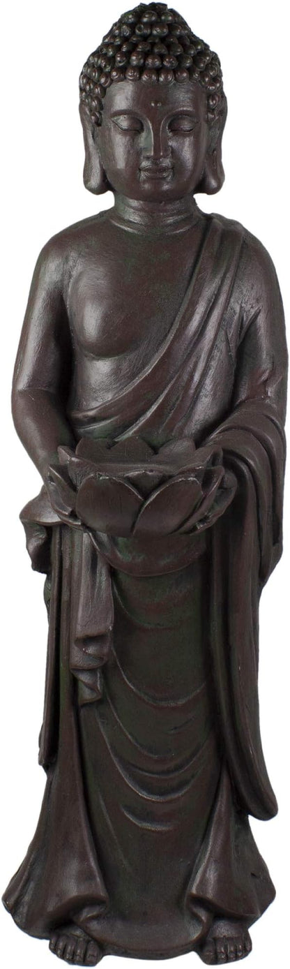 19.5" Gray Standing Buddha with Lotus Outdoor Garden Statue