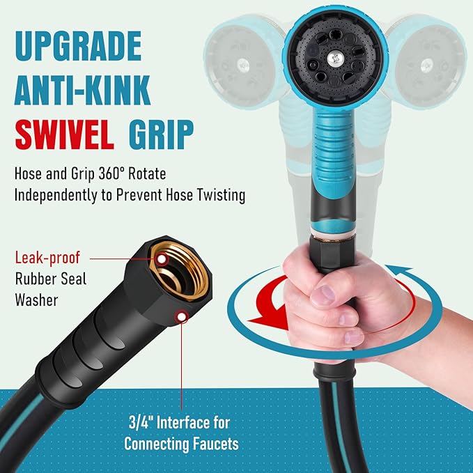 Garden Hose 25 ft x 5/8" with Nozzle, Water Hose Heavy Duty Flexible, Lightweight Kink-less Hybrid Hose with Swivel Handle, Male to Female Fittings