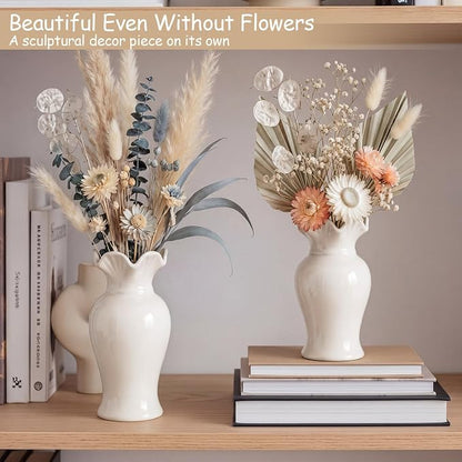 2 Pack White Ceramic Vase Set Small Rustic Decorative Vases Home Decor Wavy Edge Modern Flower Vases for Farmhouse Table Centerpiece Living Room Kitchen Bedroom (6.7,7.9in,Classic)