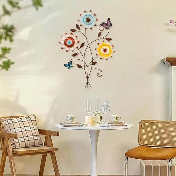 Detene Metal Sunflower Wall Decor with Butterfly 3D Colorful Outdoor Wall Art Fence Decorations for Patio Metal Flowers Wall Hanging Ornament for Garden Porch Living Room Balcony Farmhouse（Restocking soon）