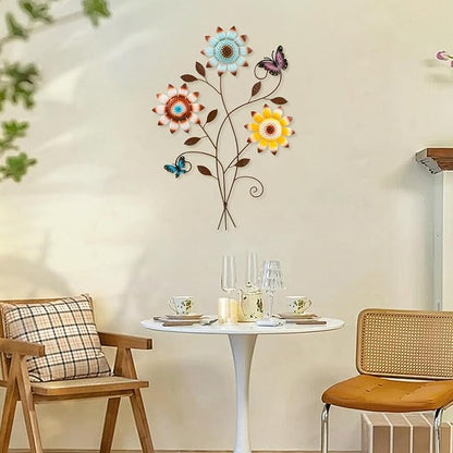 Detene Metal Sunflower Wall Decor with Butterfly 3D Colorful Outdoor Wall Art Fence Decorations for Patio Metal Flowers Wall Hanging Ornament for Garden Porch Living Room Balcony Farmhouse（Restocking soon）