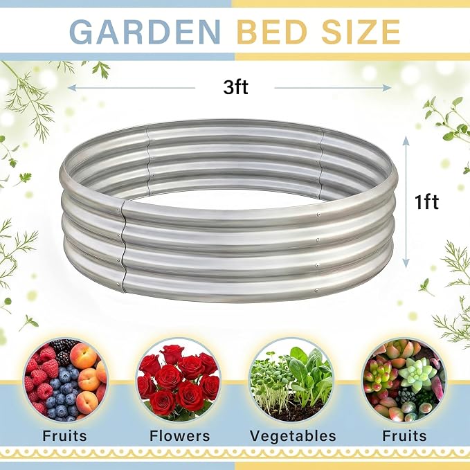 Land Guard 3×3×1ft Galvanized Raised Garden Bed Kit, Round Galvanized Planter Raised Garden Boxes Outdoor, Large Metal Raised Garden Beds for Vegetables, Silver