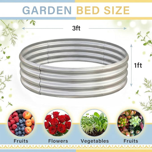 Land Guard 3×3×1ft Galvanized Raised Garden Bed Kit, Round Galvanized Planter Raised Garden Boxes Outdoor, Large Metal Raised Garden Beds for Vegetables, Silver