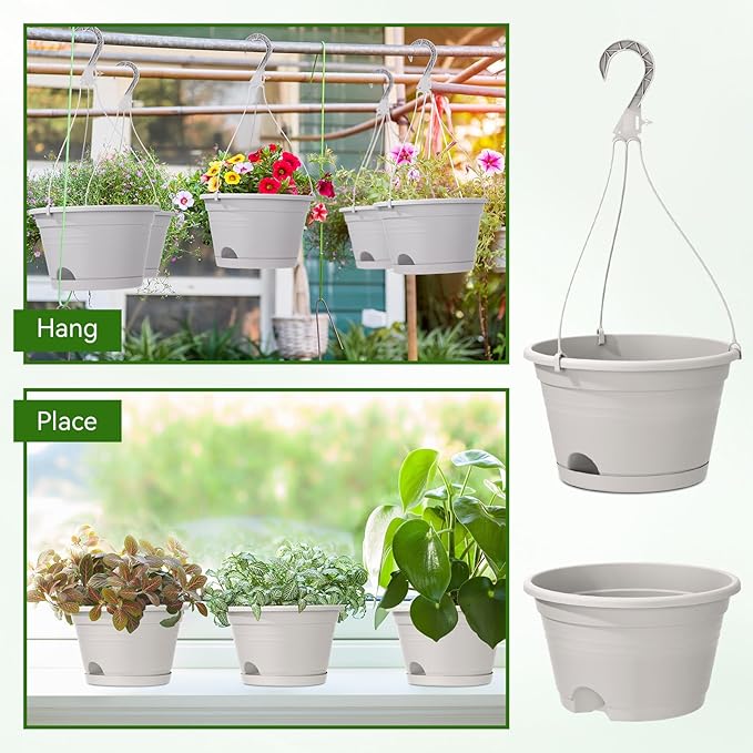 Roshtia 10 Pcs 10 Inch Hanging Baskets for Plants Large Plastic Hanging Basket Pots with Drainage Trays Self Watering Planter Pots for Outdoor Indoor Plants Flowers Garden Balcony (Grey White)