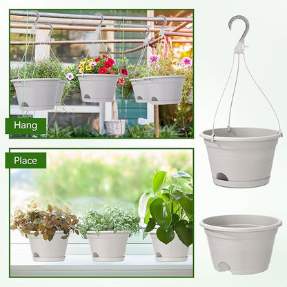 Roshtia 10 Pcs 10 Inch Hanging Baskets for Plants Large Plastic Hanging Basket Pots with Drainage Trays Self Watering Planter Pots for Outdoor Indoor Plants Flowers Garden Balcony (Grey White)