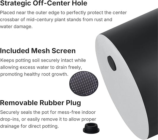 FaithLand 8 Inch Fiberstone Planter - Lightweight Modern Cylinder Plant Pot with Drainage Hole & Plug, Indoor Outdoor Use, Matte Black