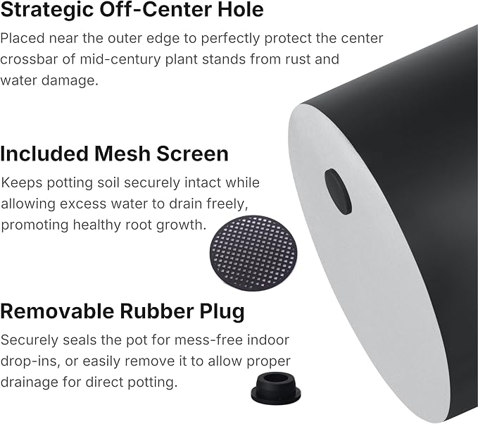 FaithLand 10 Inch Fiberstone Planter - Lightweight Modern Cylinder Plant Pot with Drainage Hole & Plug, Indoor Outdoor Use, Matte Black