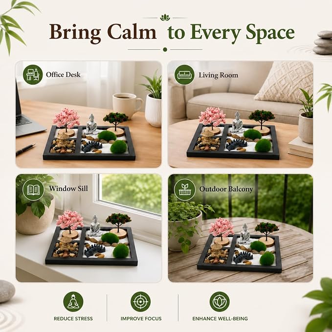 Zen Garden for Desk - Mini Tabletop Zen Garden with Buddha Decor | Black tray with Buddha, bridge, moss & pebbles. Decorative Zen display for office desks, shelves, meditation & home décor.