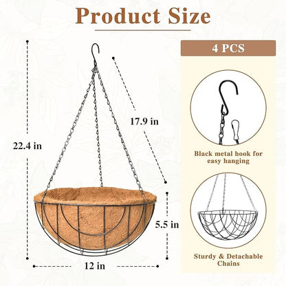 4 Pack Hanging Planter for Outdoor Plants 12 inch Metal Hanging Flower Basket with Coco Coir Liner Round Wire Plant Holder Chain Flower Pots Outdoor Garden Decoration Watering Hanging Baskets（DQ）