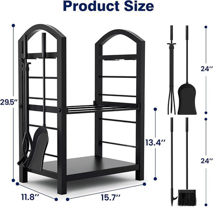 AMAGABELI GARDEN & HOME Firewood Rack Indoor with Tools 5-Piece Fireplace Tools Set Wood Holder Outdoor Wrought Iron Log Holder Firewood Storage Rack for Fireplace,Fire Pit,Wood Stove Black