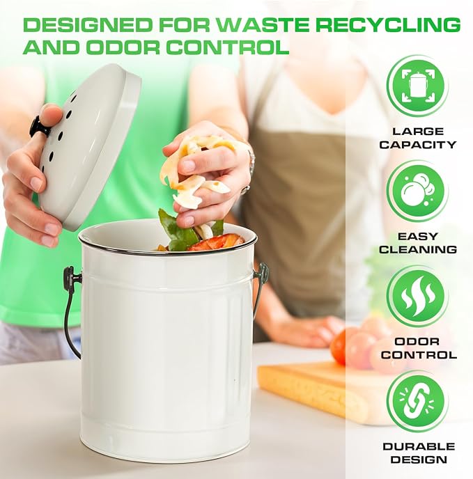Plexon Kitchen Compost Bin Indoor with Lid, Off-White 1.5 Gallon Odorless Container, Steel Food Compost Bucket for Kitchen with Charcoal Filter, Compost Pail Countertop