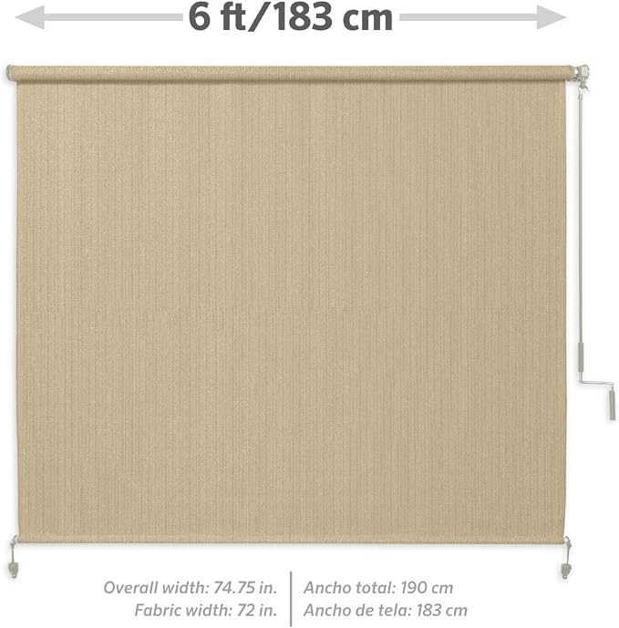 Coolaroo Outdoor Roller Shade with Wand - 80% UV Block Breathable Light Filtering Shade for Patio or Porch, Fade-Resistant, Easy-Clean Fabric, 8ft x 6ft, Sesame