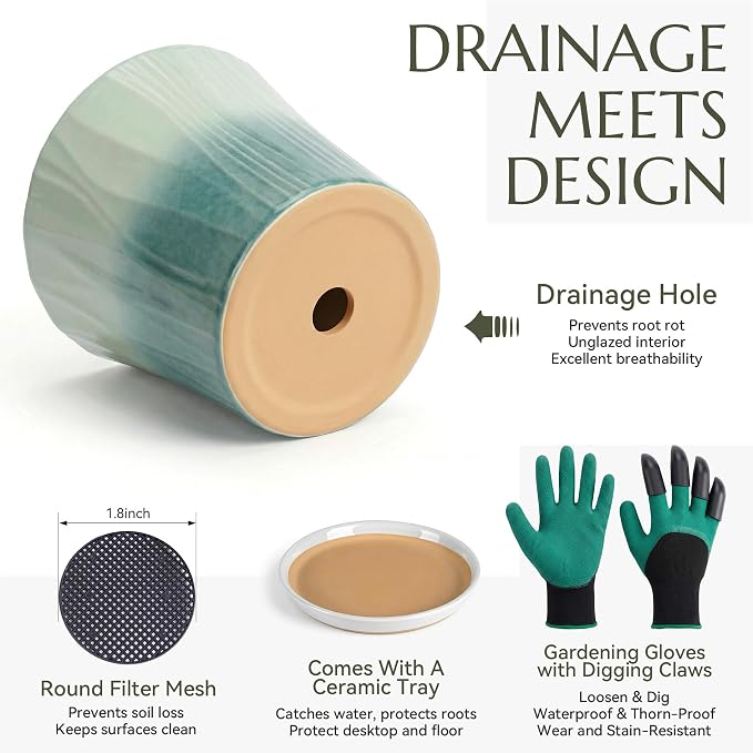 10 Inch Ceramic pots for Plants with Saucer Drainage Leak-Proof Mesh, Round Plant Pot with Gardening Gloves for Indoor Outdoor Plants (Rippled Green)