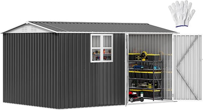 DWVO 12x8ft Metal Outdoor Storage Shed with Window, Lockable Tool Storage Sheds, Oversized Steel Garden Sheds with Sloped Roof for Backyard, Patio, Garage, Lawn, Gray & White
