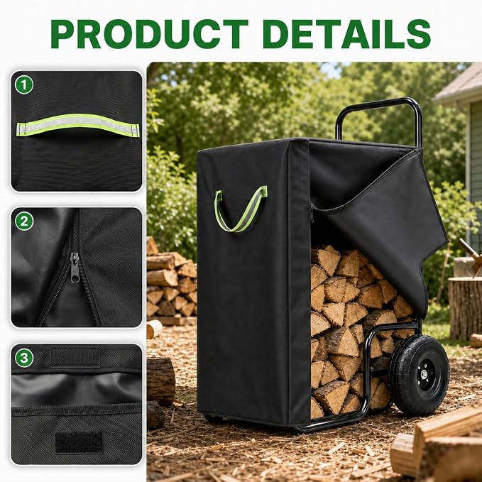 Firewood Cart Cover, 600D Oxford Waterproof Log Cart Cover Replacement with Zipper and Hook & Loop Fasteners, Weather Resistant Protector for Rolling Firewood Rack Indoor Outdoor