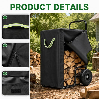 Firewood Cart Cover, 600D Oxford Waterproof Log Cart Cover Replacement with Zipper and Hook & Loop Fasteners, Weather Resistant Protector for Rolling Firewood Rack Indoor Outdoor