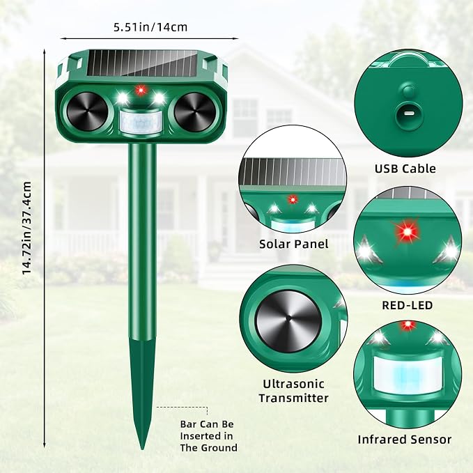 Solar Animal Repeller Outdoor, 4 Pack Ultrasonic Deterrent for Deer | Dual LED Flashing Lights, Motion Activated Deterrent, Garden,Yard&Farm Protection, 4 Pack Wider Coverage