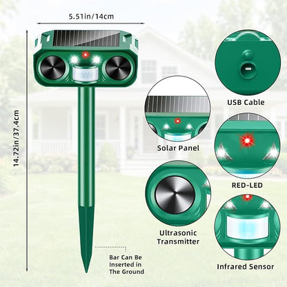 Solar Animal Repeller Outdoor, 4 Pack Ultrasonic Deterrent for Deer | Dual LED Flashing Lights, Motion Activated Deterrent, Garden,Yard&Farm Protection, 4 Pack Wider Coverage