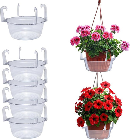 Curtis Wagner Plastics Hanging Basket Drip Pans (5-Pack) | Clear, Round (Diameter = Base 7.37", Top 10", Depth 3.7") Hanging Plant Tray Saucer with Built-in Hooks & Water Catcher for Indoor & Outdoor