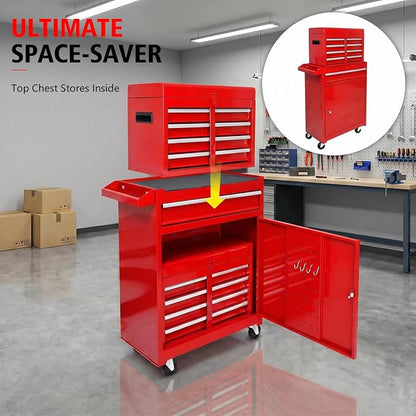 5-Drawer Tool Chest, Detachable Top Box for Garage,Red | Rolling Mobile Storage Cabinet Organizer with Lockable Wheels for Workshop Utility, Heavy Duty Metal Construction