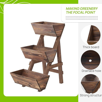 3-Tiers Wooden Raised Garden BedPlanter Box Gardening Outdoor Planter Box Patio Kit Tiered Planter Box Vertical Garden Planter Wood Plant Stand for Patio, Balcony, Freestanding (Carbonized S)
