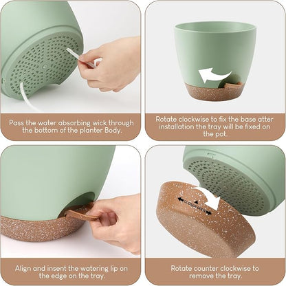 YNNICO Plant Pots 10/9/8/7.5/7 inch, Self Watering Planters with Drainage Holes & Saucers for Indoor and Outdoor Plants (Green)