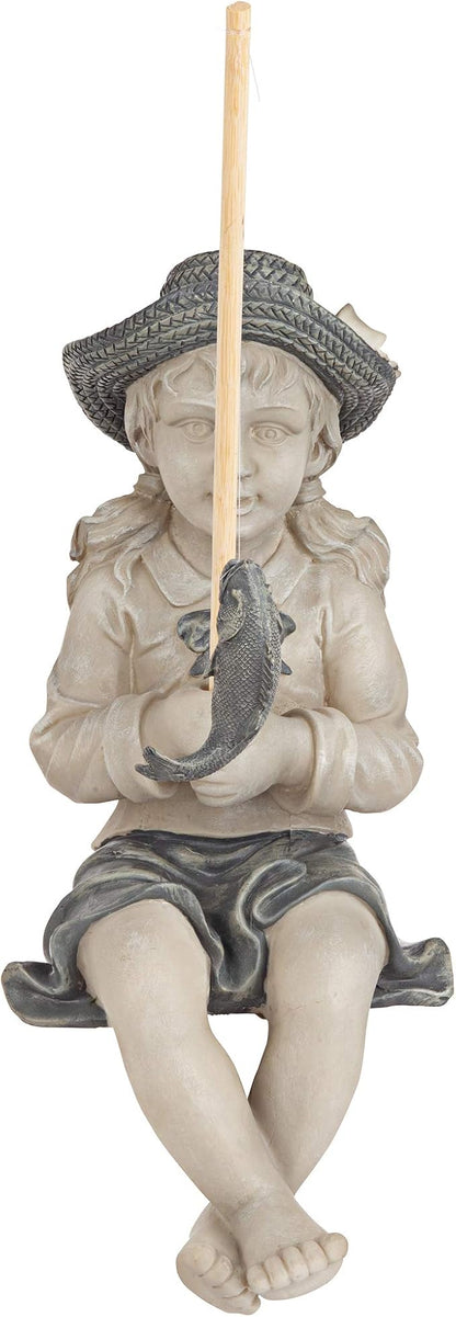 Design Toscano Big Catch Fisherwoman Nellie Girl with Fishing Pole Garden Statue, Medium 17 Inch Tall, Cast Stone Resin, Two Tone Stone Finish