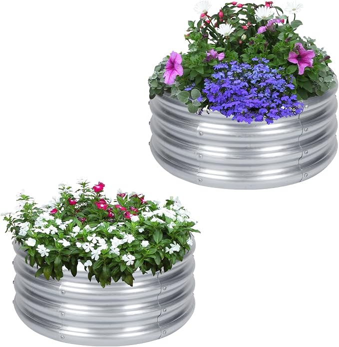 PINPON 2-Pack Galvanized Raised Garden Bed 2x2x1 ft, Round Metal Planter Box Outdoor for Vegetables Flowers, Heavy-Duty Rust-Resistant, Also Use as Fire Pit Ring for Backyard Camping