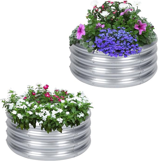 PINPON 2-Pack Galvanized Raised Garden Bed 2x2x1 ft, Round Metal Planter Box Outdoor for Vegetables Flowers, Heavy-Duty Rust-Resistant, Also Use as Fire Pit Ring for Backyard Camping