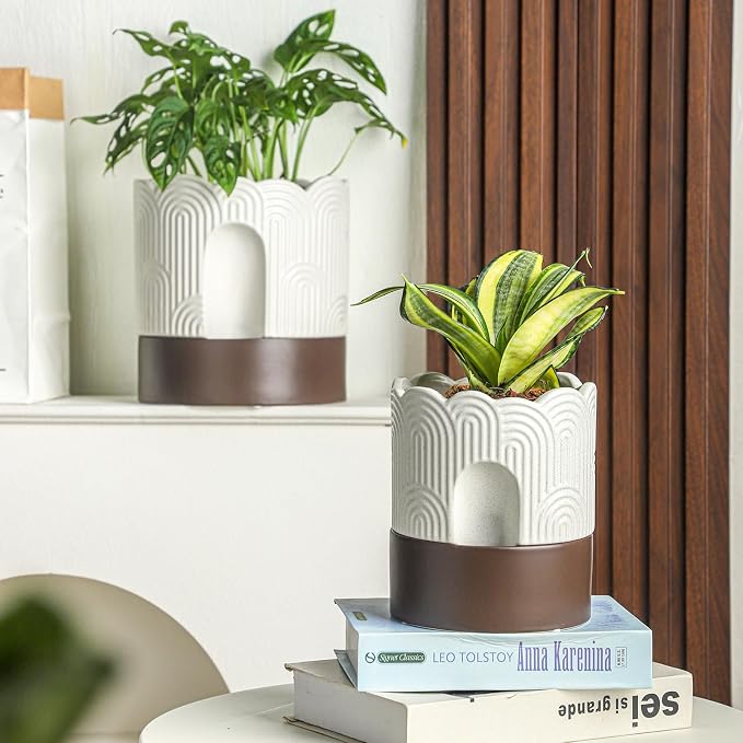 Nihow Ceramic Self Watering Pots for Indoor Plants, 6 Inch,Beige | Visible Water Level Fill Port,Planter with Cotton Wick,Water Storage Plus, Cylinder Round Flower Pot, Succulent/Herbs/Violets