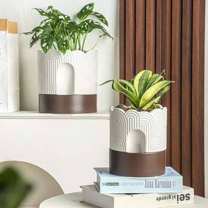 Nihow Ceramic Self Watering Pots for Indoor Plants, 6 Inch,Beige | Visible Water Level Fill Port,Planter with Cotton Wick,Water Storage Plus, Cylinder Round Flower Pot, Succulent/Herbs/Violets