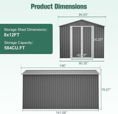 YOPTO 8x12 FT Large Outdoor Storage Shed with Lockable Doors & Floor Base,Weather-Resistant Metal Tool Shed for Garden, Backyard,Patio,Lawn,Gray