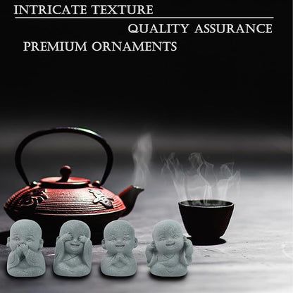 4pcs Mini Laughing Buddha Statues Monk Sandstone Sculptures Cute Baby Buddha Figurine Set Wealth Good Luck Decor Zen Spiritual Ornaments for Home Aquarium Office Garden - Style A