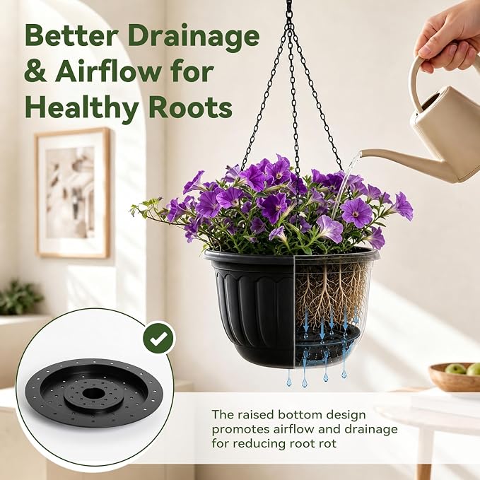 YIKUSH 12 Inch Hanging Planters for Outdoor Plants, 2 Pack Plastic Hanging Flower Pots with Drainage Hole & Tray, Hanging Basket Style Pots for Porch Patio Balcony Decor (Black)